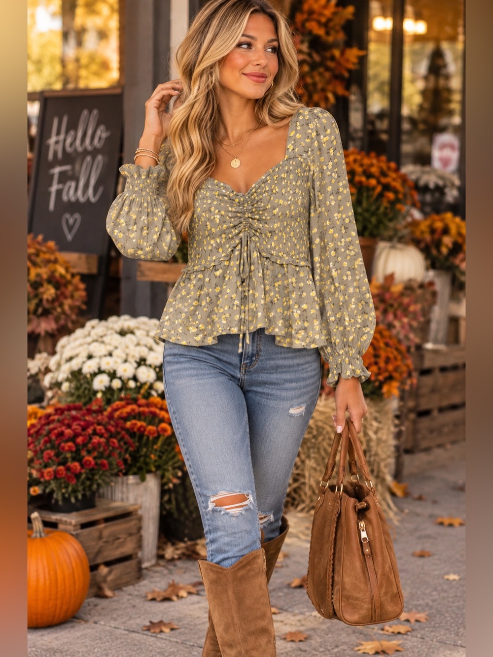 Planet Gold Sage Green Floral Peasant Blouse with Yellow Accents